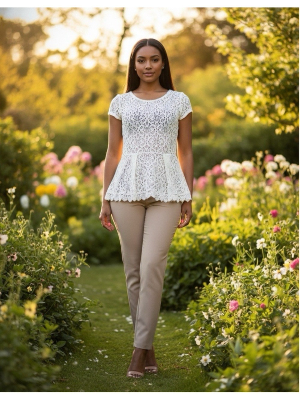 Valerie Bertinelli Floral Lace Peplum Blouse Top Ivory Cotton Coquette Large